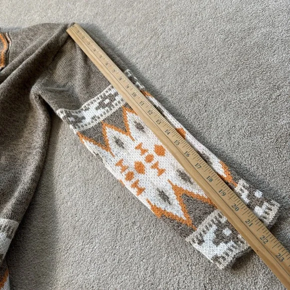 Bibi Aztec Tribal Print Open Knit Long Cardigan Pockets Grey/Orange Sz XL - Picture 6 of 9